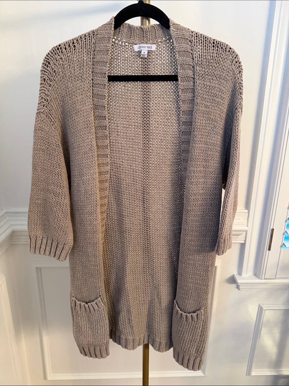 Johnny Was Neutral Taupe Open-Front Knit Cardigan